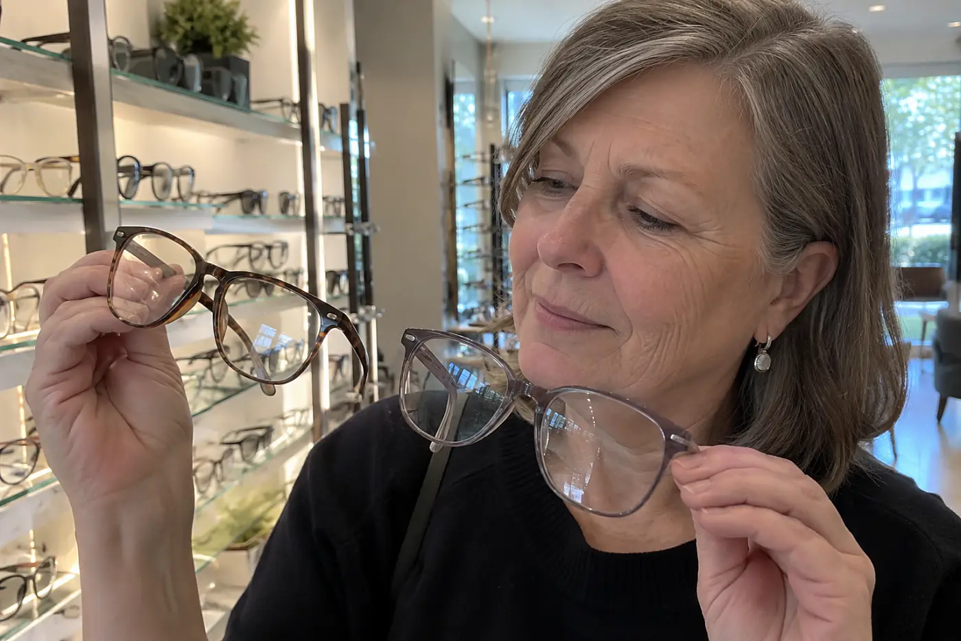 Woman comparing coated lenses beneath ceiling lights at an optical shop.