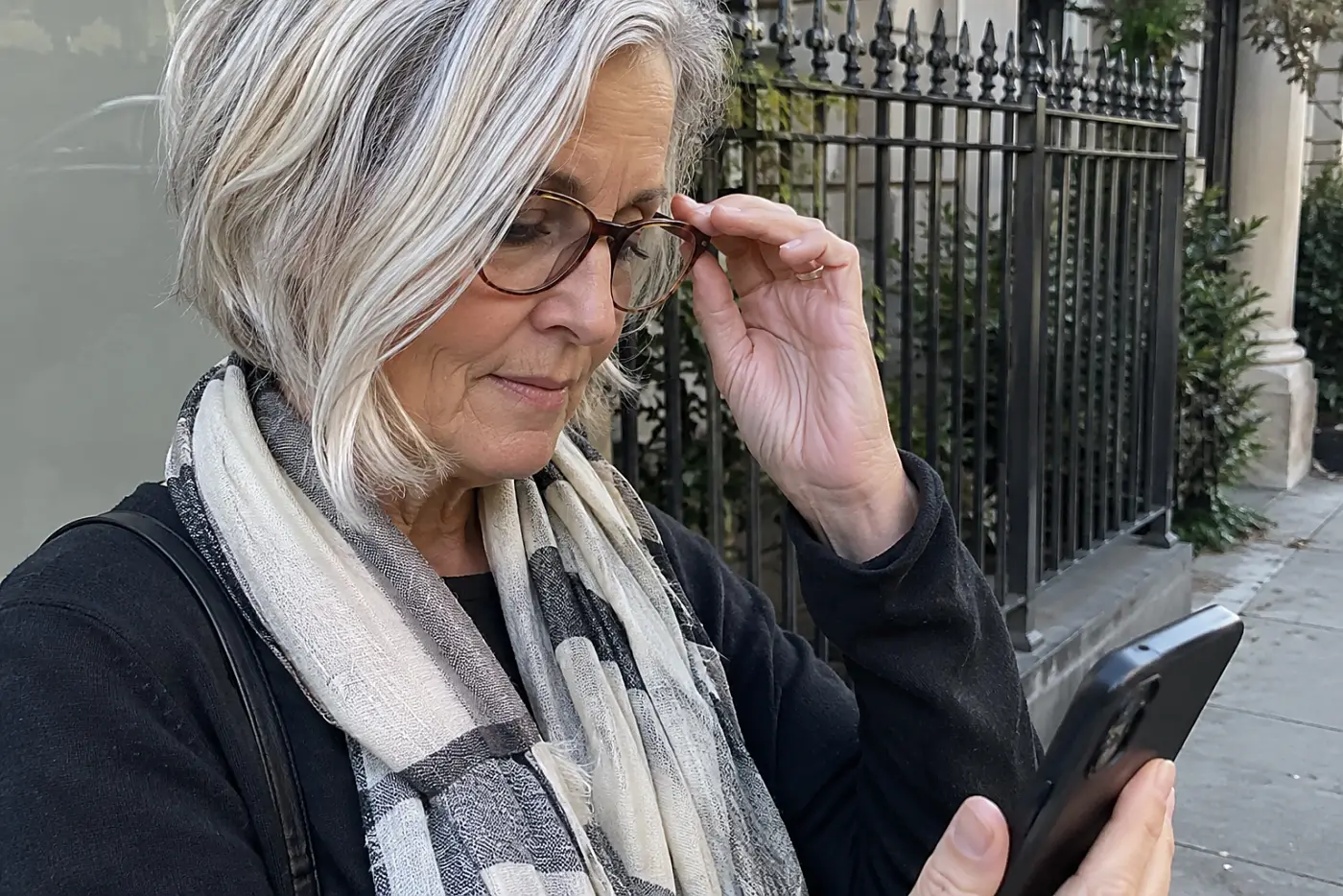 Woman looking from a shop sign to her phone while wearing eyeglasses on a sidewalk.