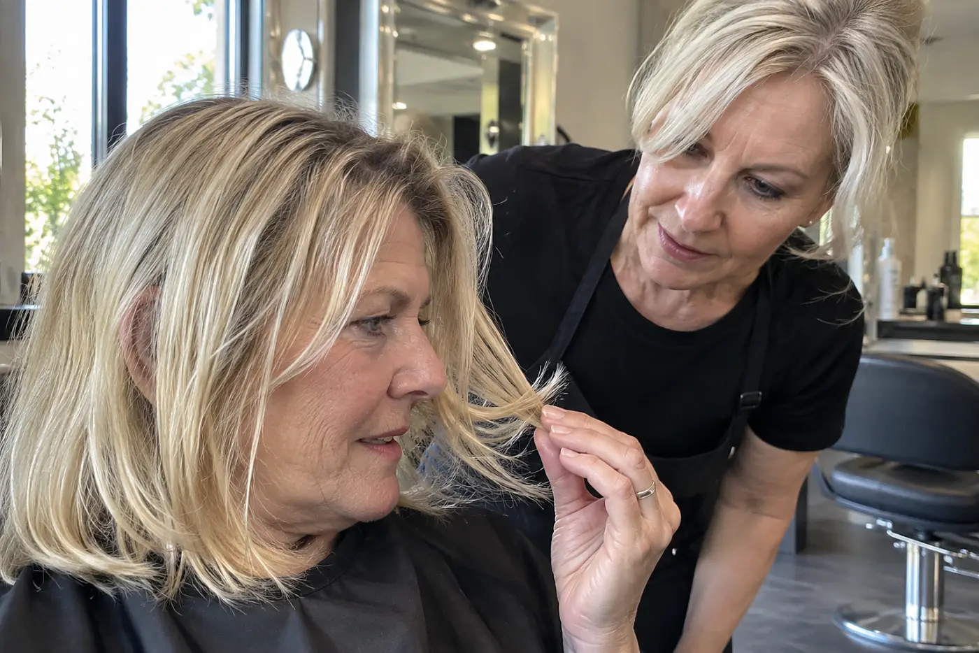 A woman shows a stylist the ends of her hair while seated before a salon mirror.