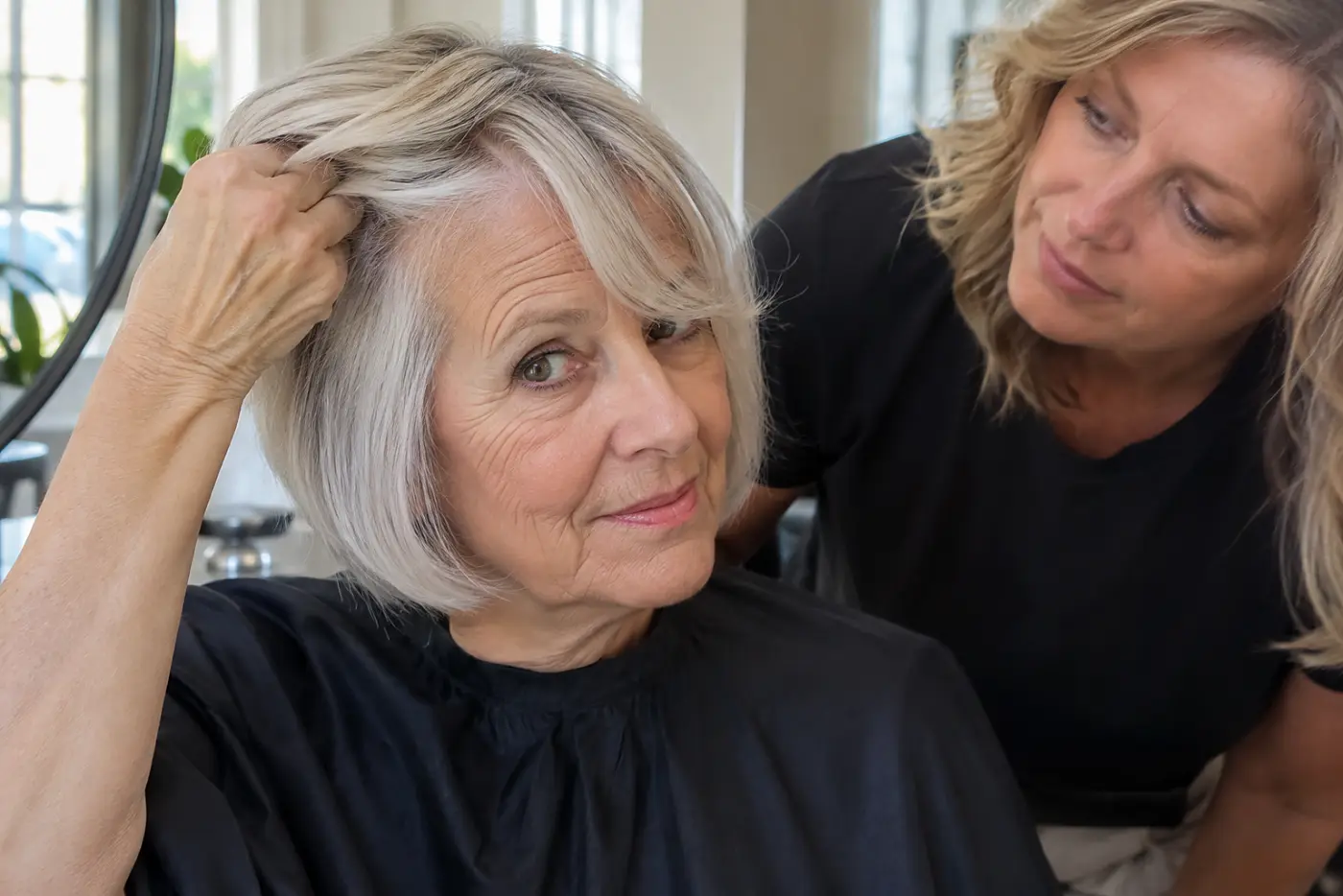 A woman parts her silver bob at a salon mirror while a colorist looks at the roots.