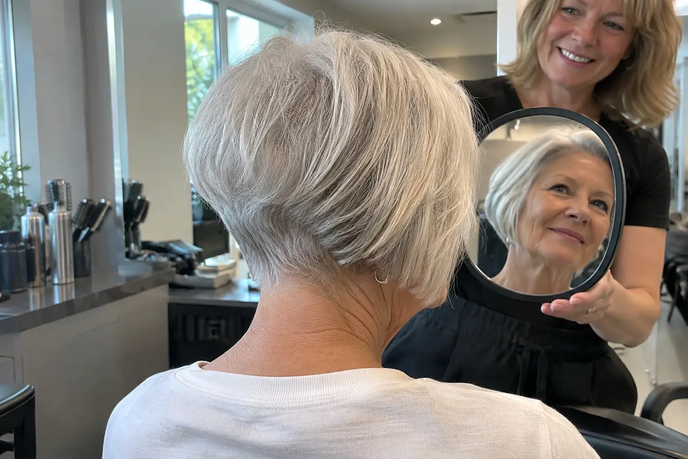 A stylist holds a hand mirror behind a woman’s graduated bob at a salon station.