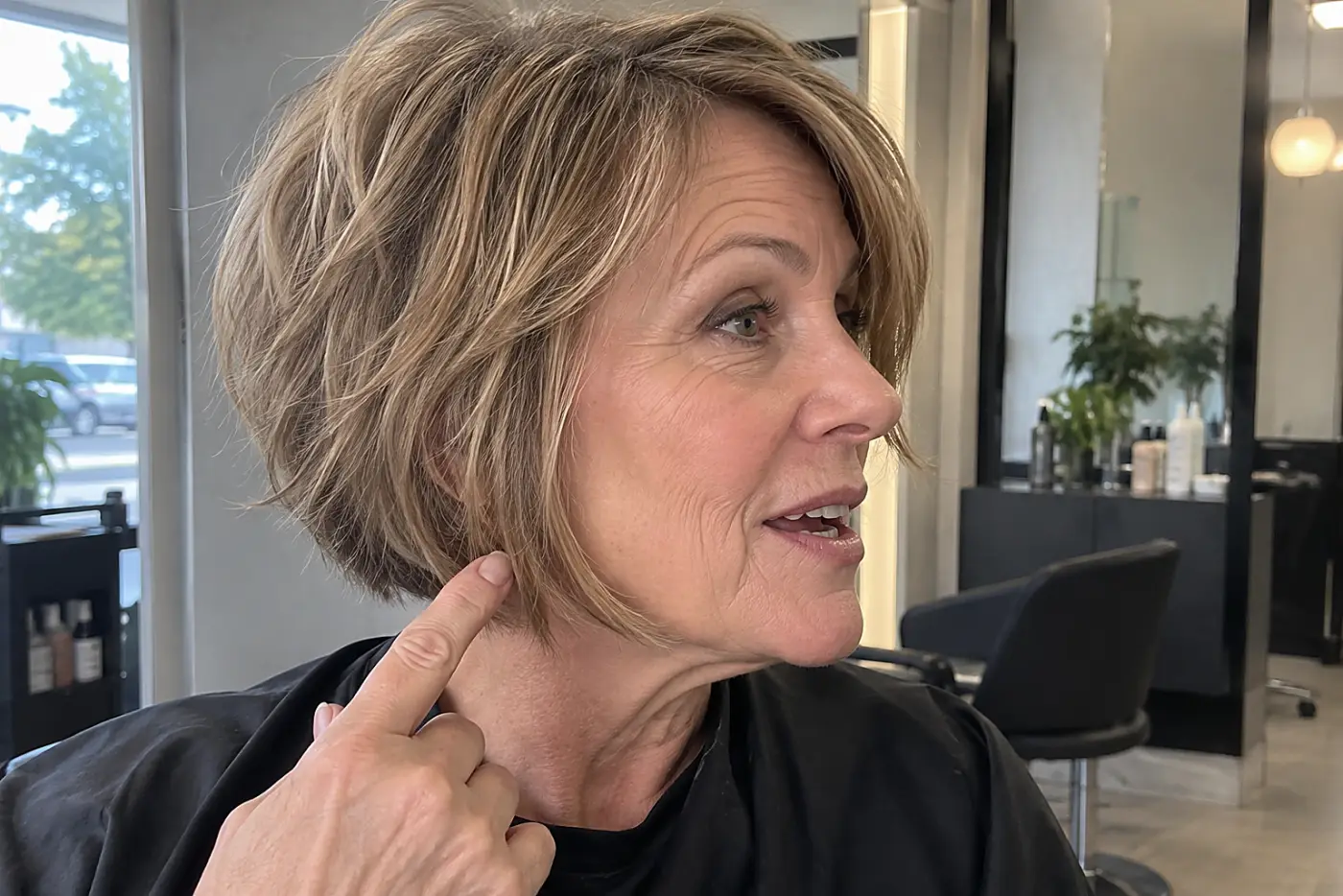 A woman points to the lower edge of her choppy bob during a salon consultation.
