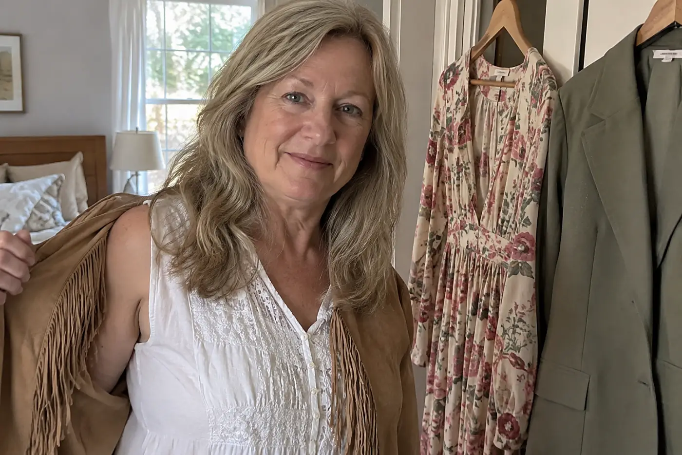 Older woman taking off a fringed vest beside a flowing dress and tailored jacket in her bedroom.