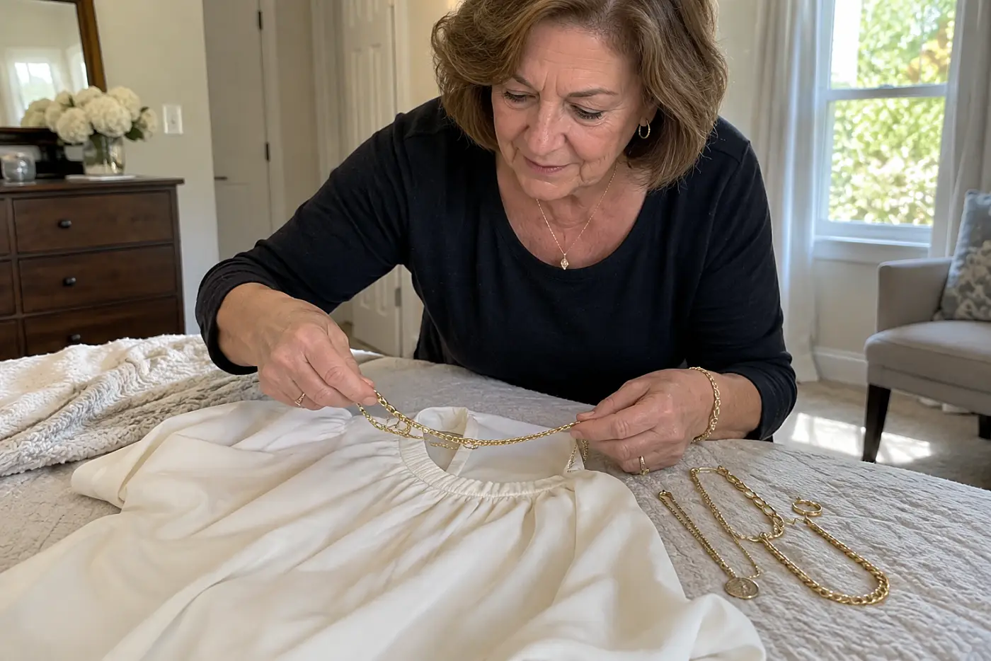 Older woman arranging gold necklaces beside a blouse on her bed.