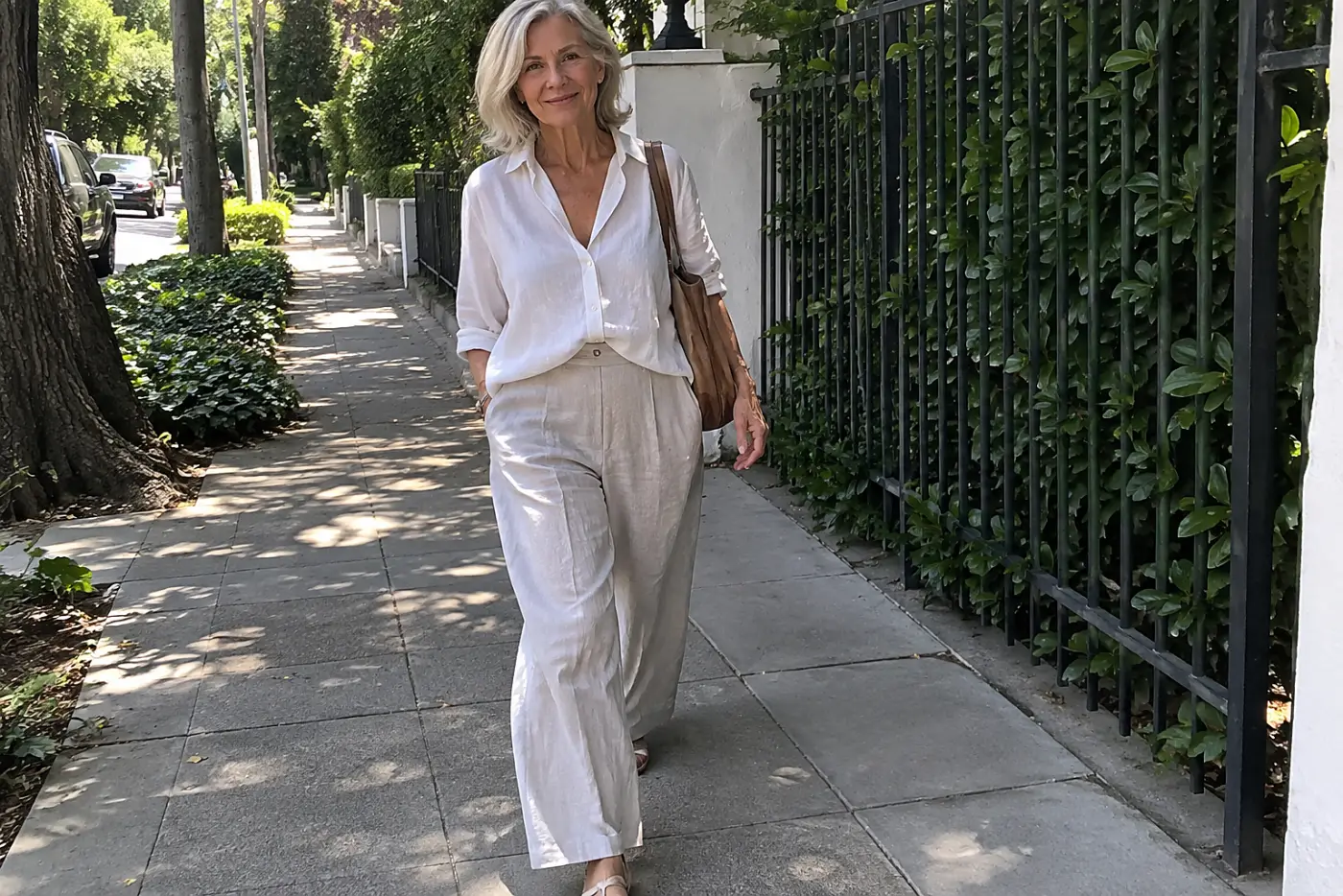 Older woman walking in wide-leg linen trousers along a shaded sidewalk.