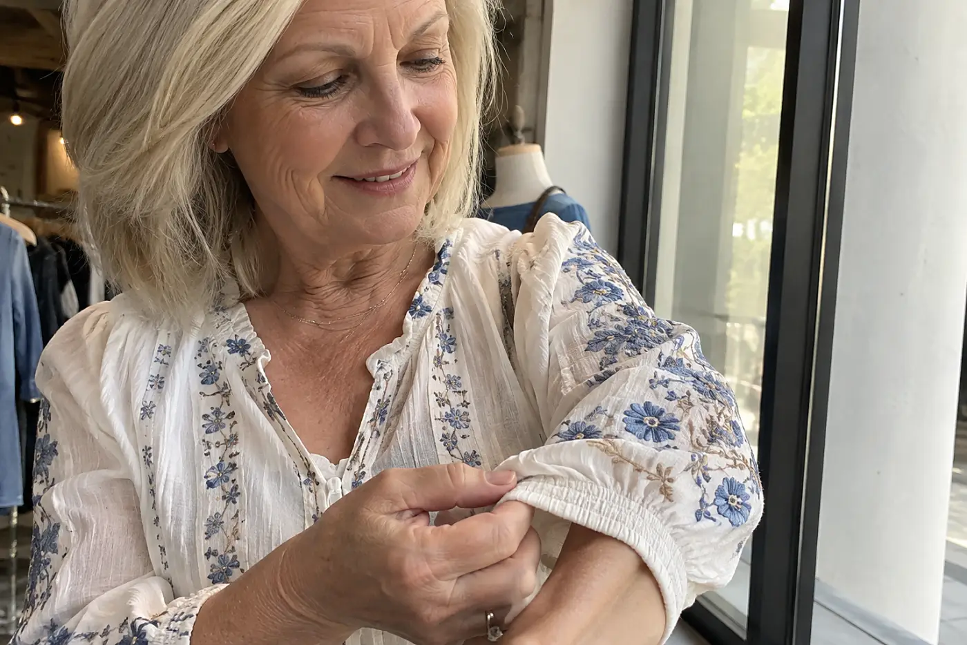 Older woman examining embroidery on a gauze blouse beside a store window.