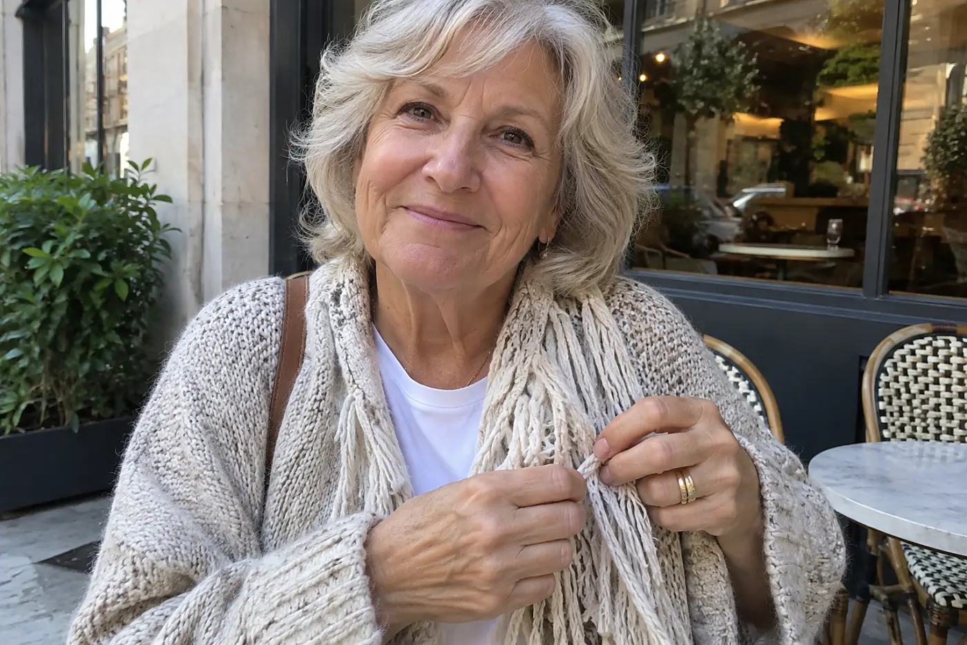 Older woman checking the fringe on her cardigan outside a neighborhood café.