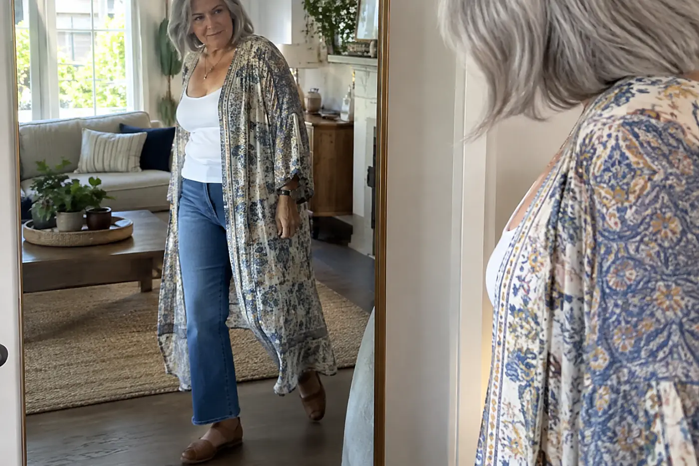 Older woman walking past her living-room mirror in a long duster and jeans.