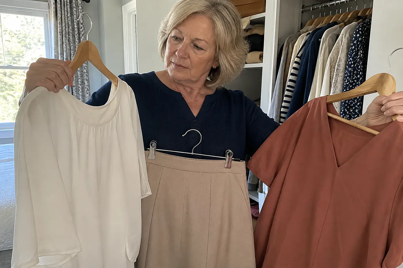 Older woman holding a neutral midi skirt against two tops in her closet.