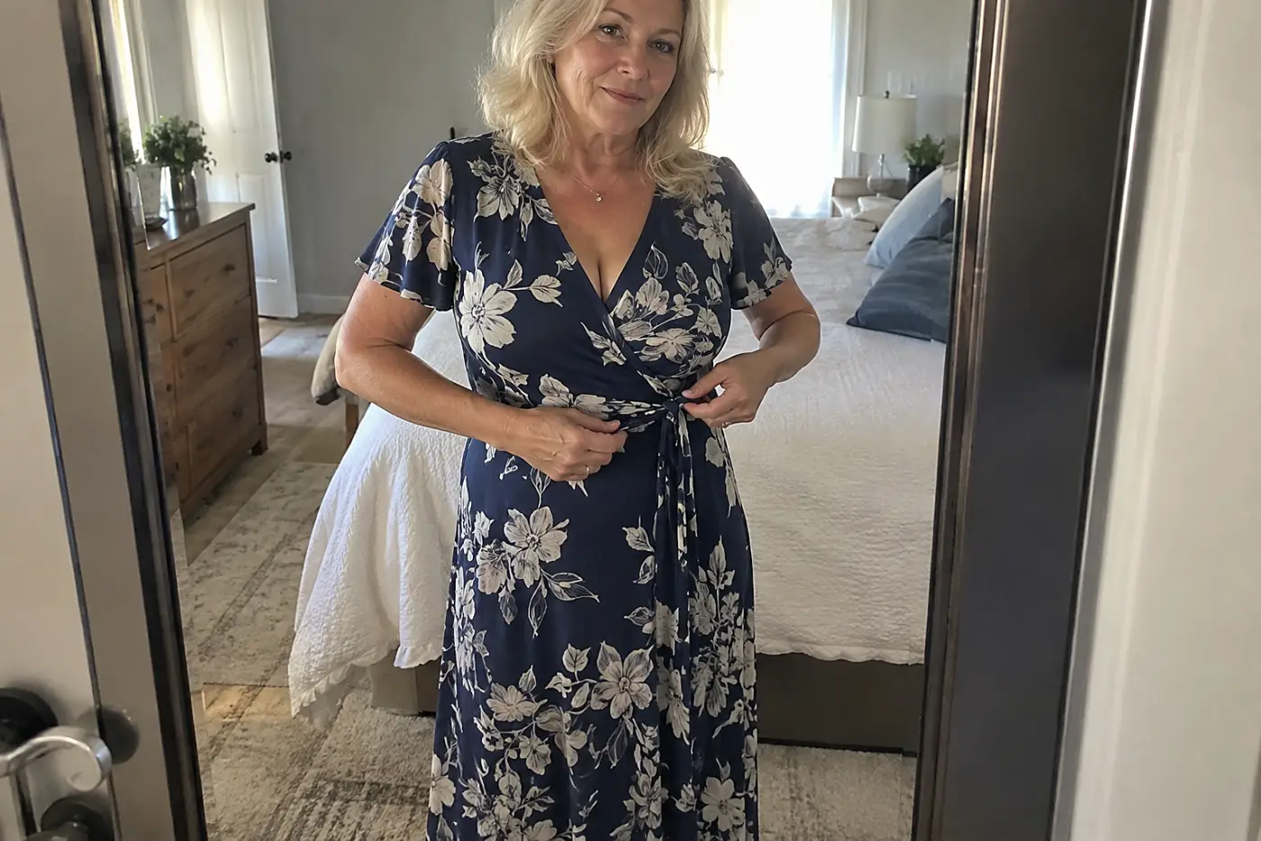Older woman adjusting the tie of a wrap dress in her bedroom mirror.
