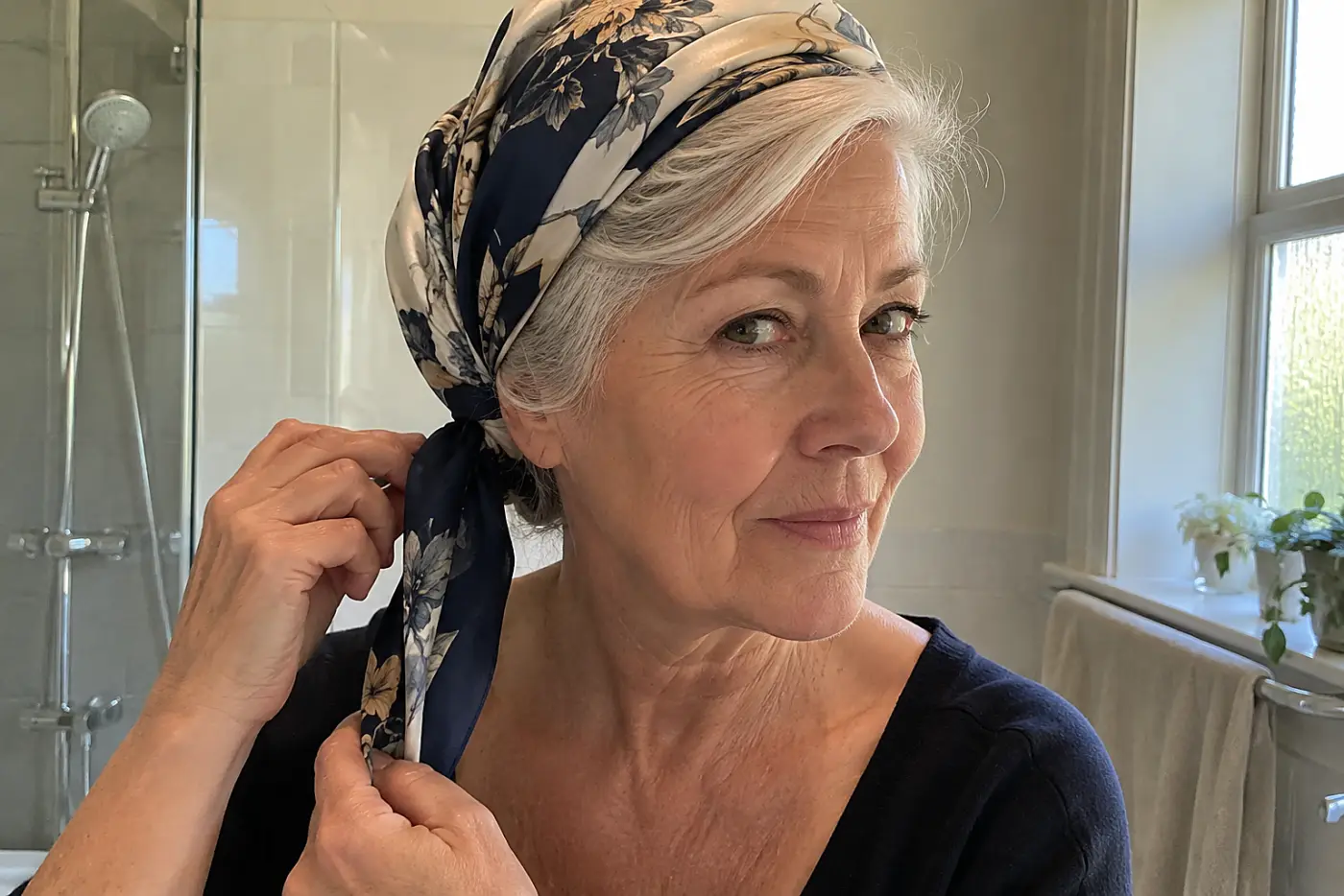 Older woman folding a satin scarf around her silver hair in a bathroom mirror.
