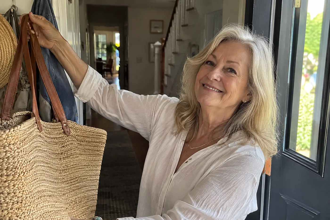 Older woman lifting a woven tote from the hook beside her front door.