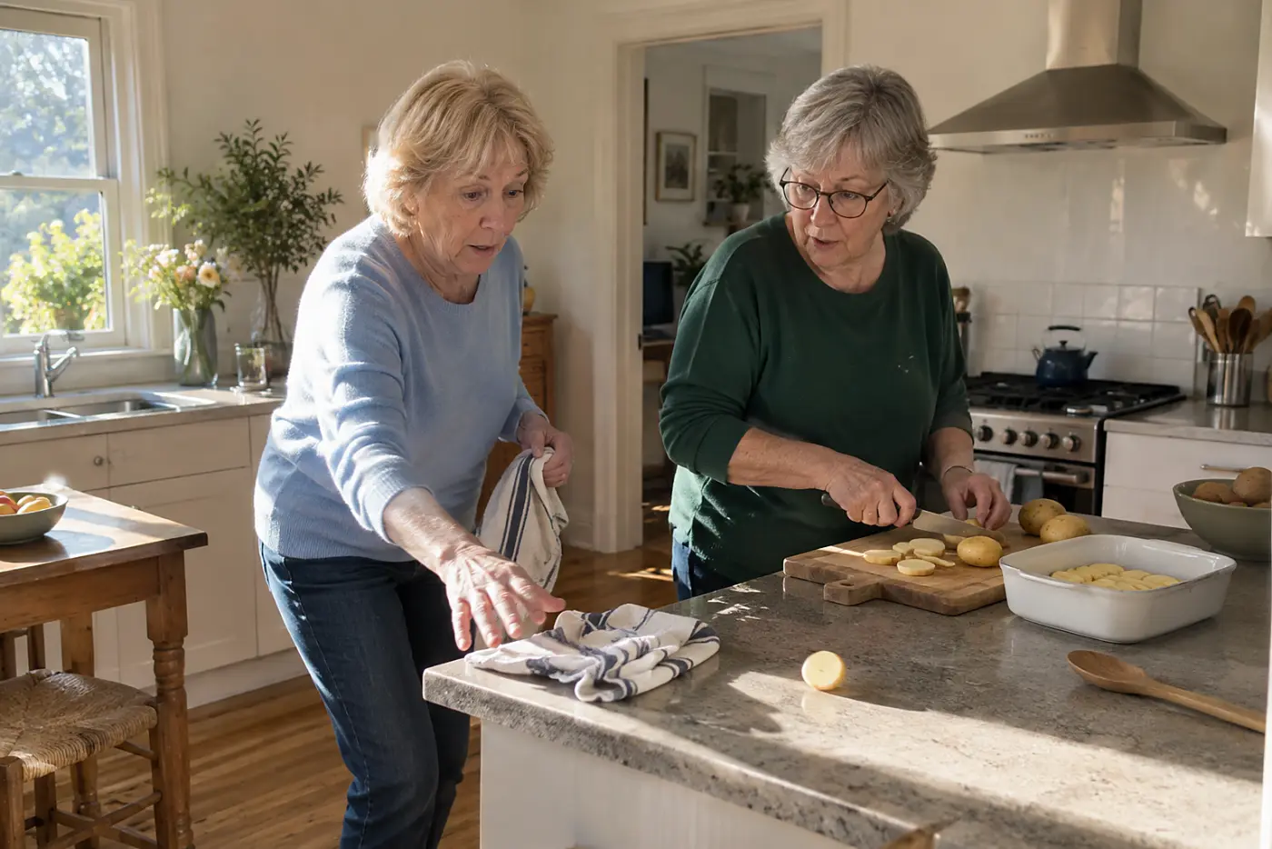 A woman slices potatoes for a small dish at a kitchen counter.