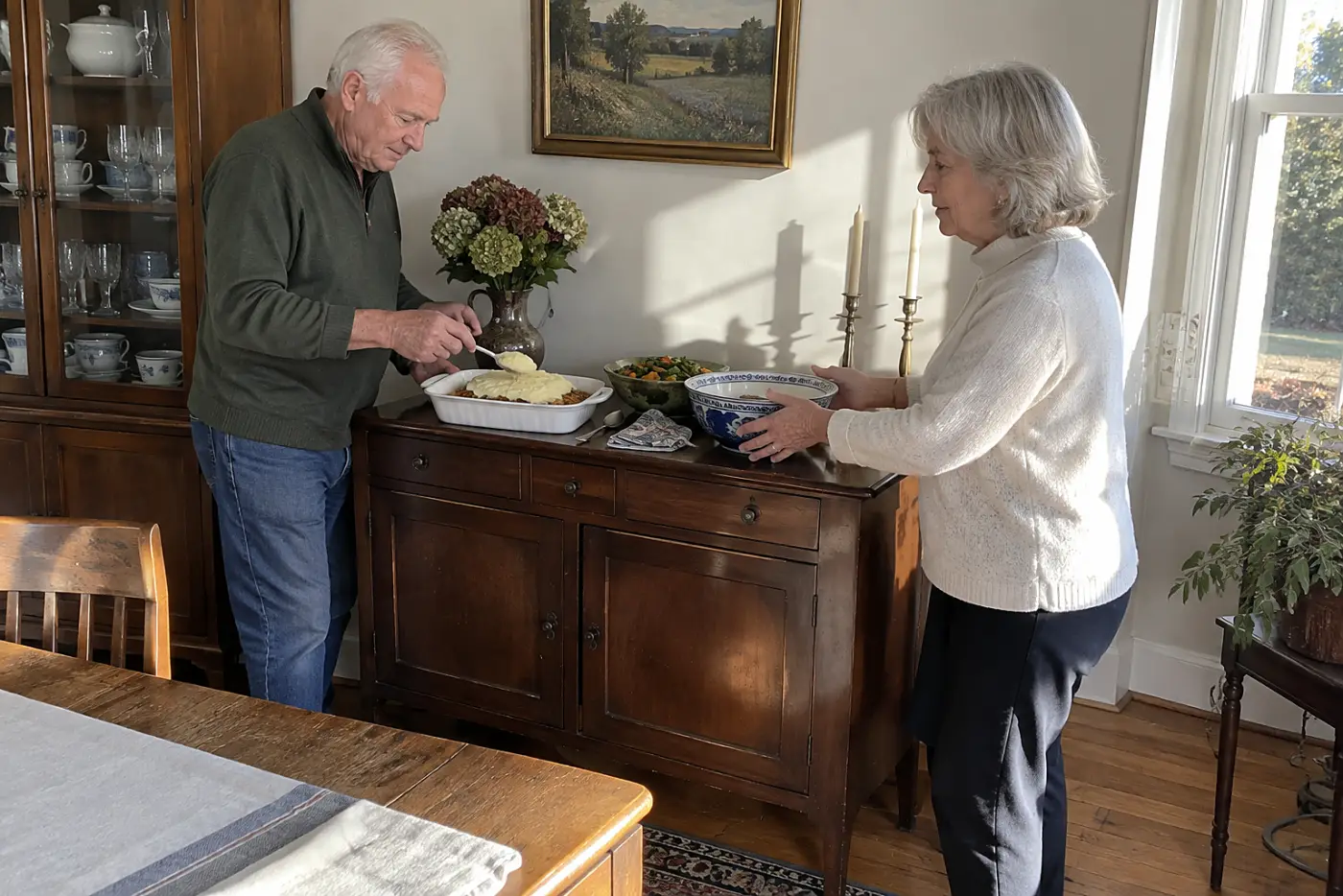A man spreads mashed potatoes over turkey filling beside a dining room sideboard.