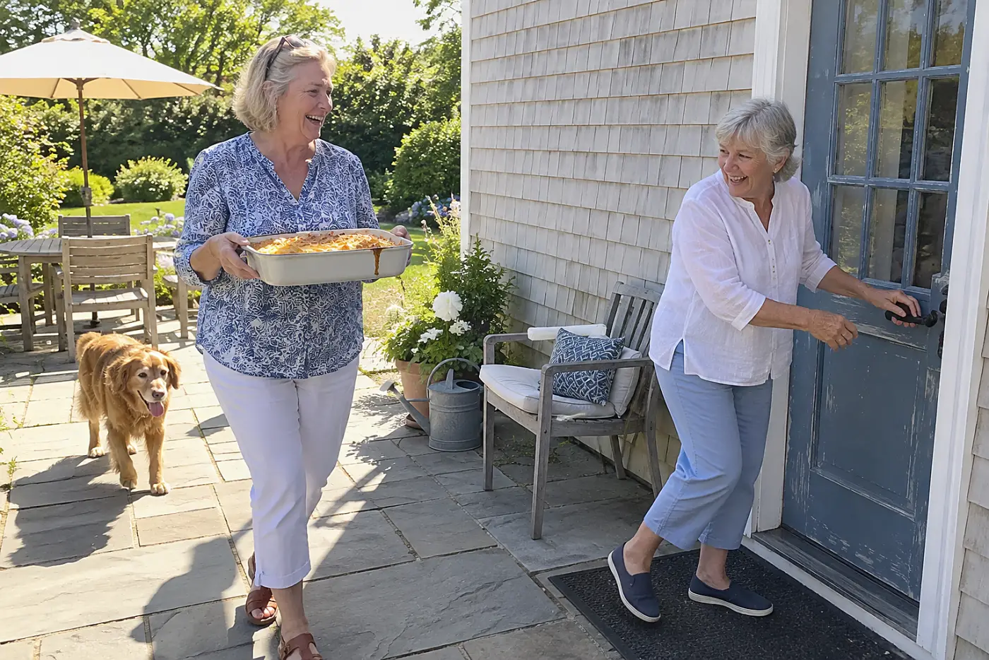 A woman carries a hash brown bake from a backyard brunch gathering toward the house.