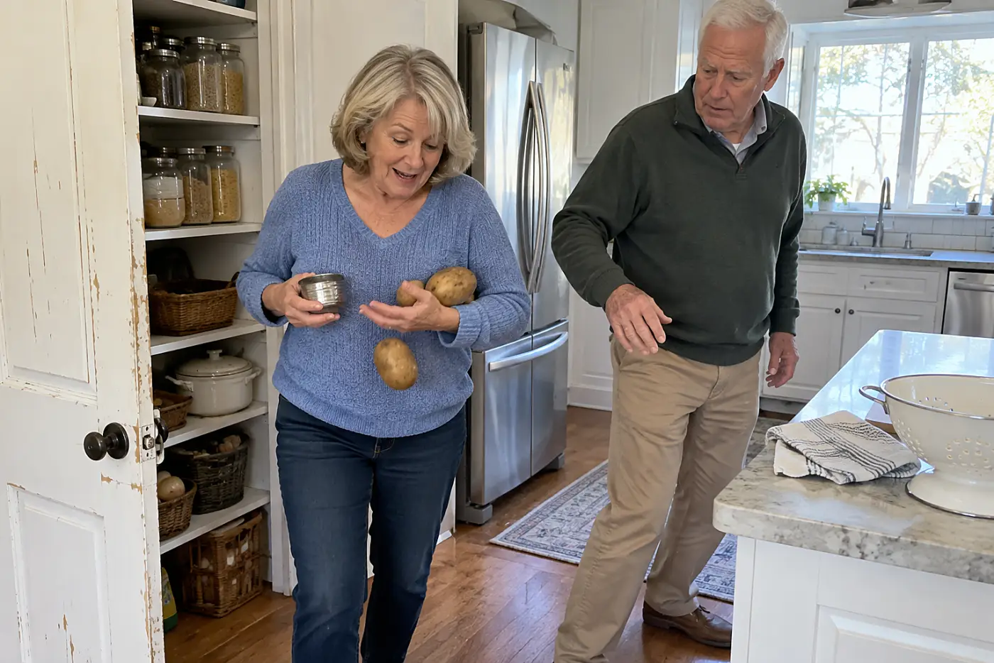 A woman carries a can of tuna and two potatoes from a pantry to a counter.