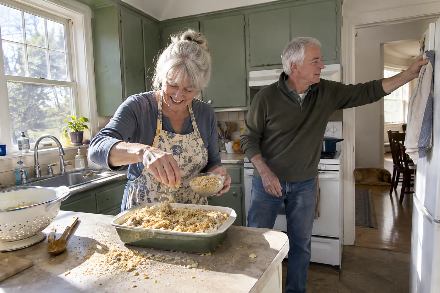 A woman scatters crushed crackers over a chicken noodle casserole at a kitchen counter.