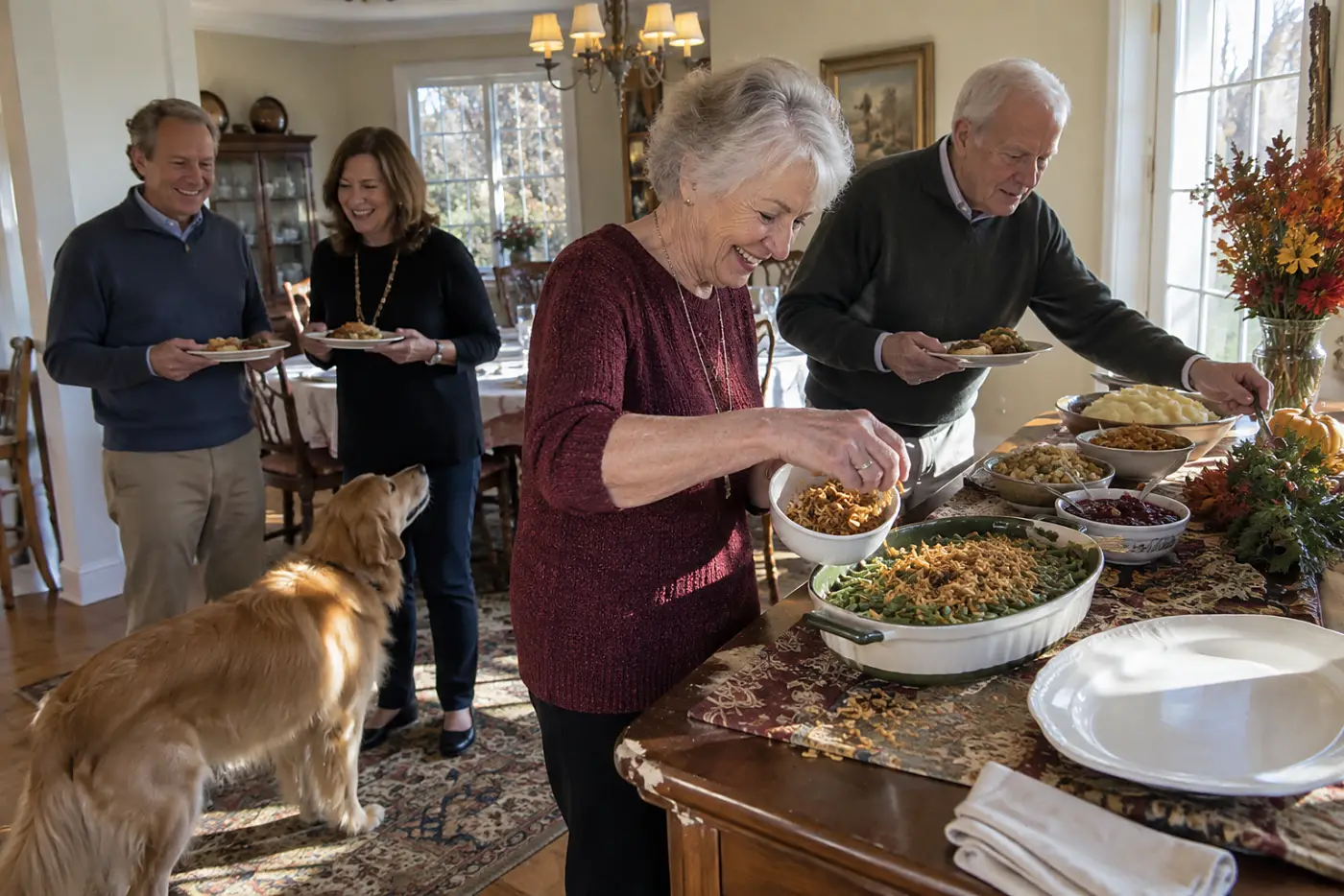 A woman sprinkles fried onions over green beans beside a holiday dining room buffet.