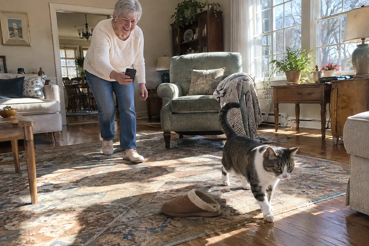 Older woman filming her cat walking across the living room rug with her phone.