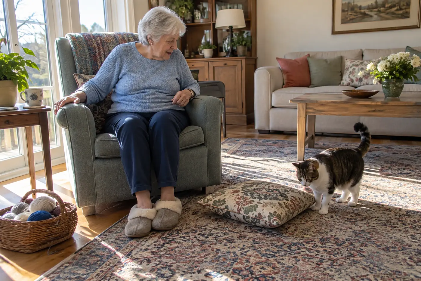 Older woman looking toward her cat from a reading chair in the living room.