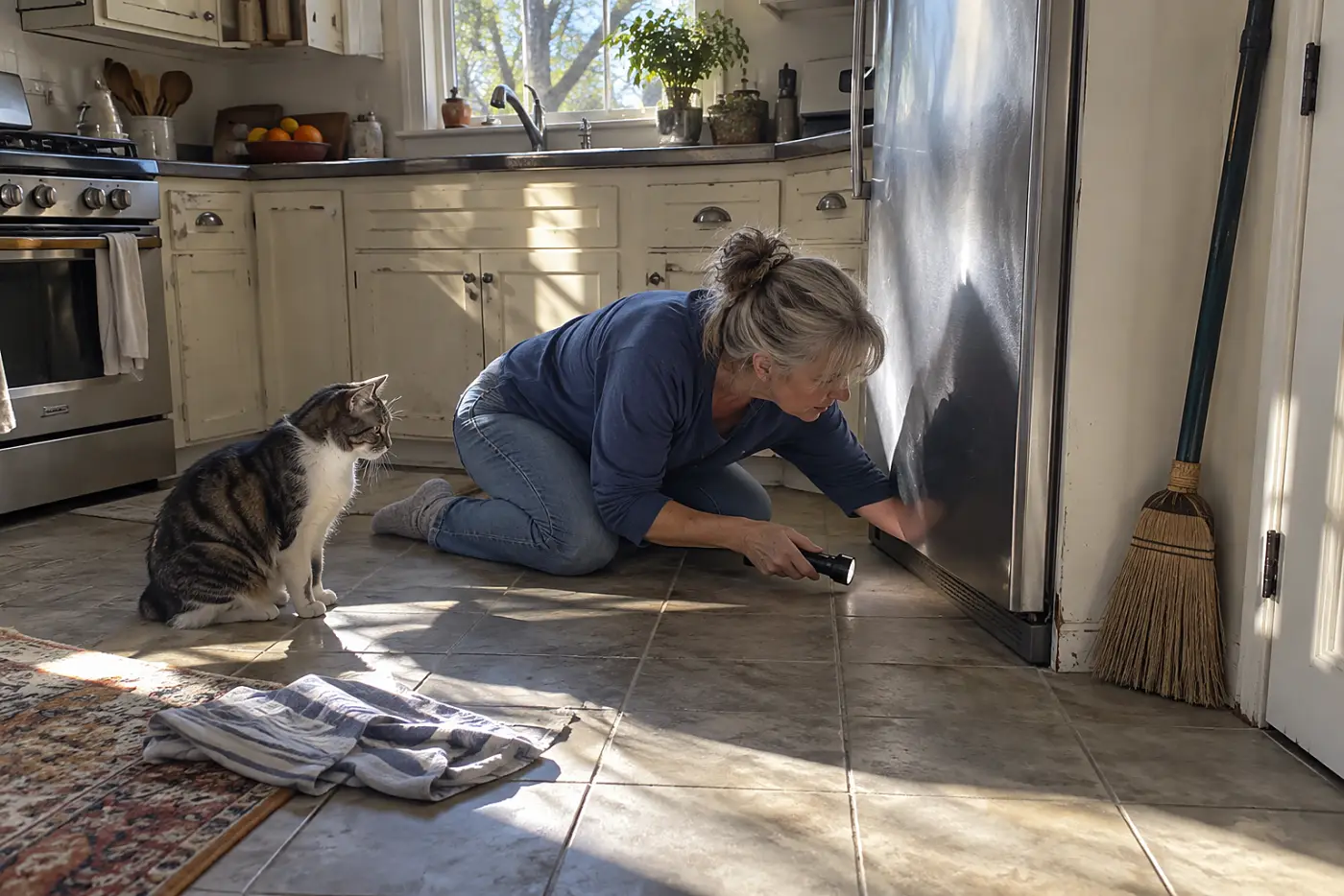 Woman crouching on her kitchen floor with a flashlight aimed beneath the refrigerator as a cat watches.