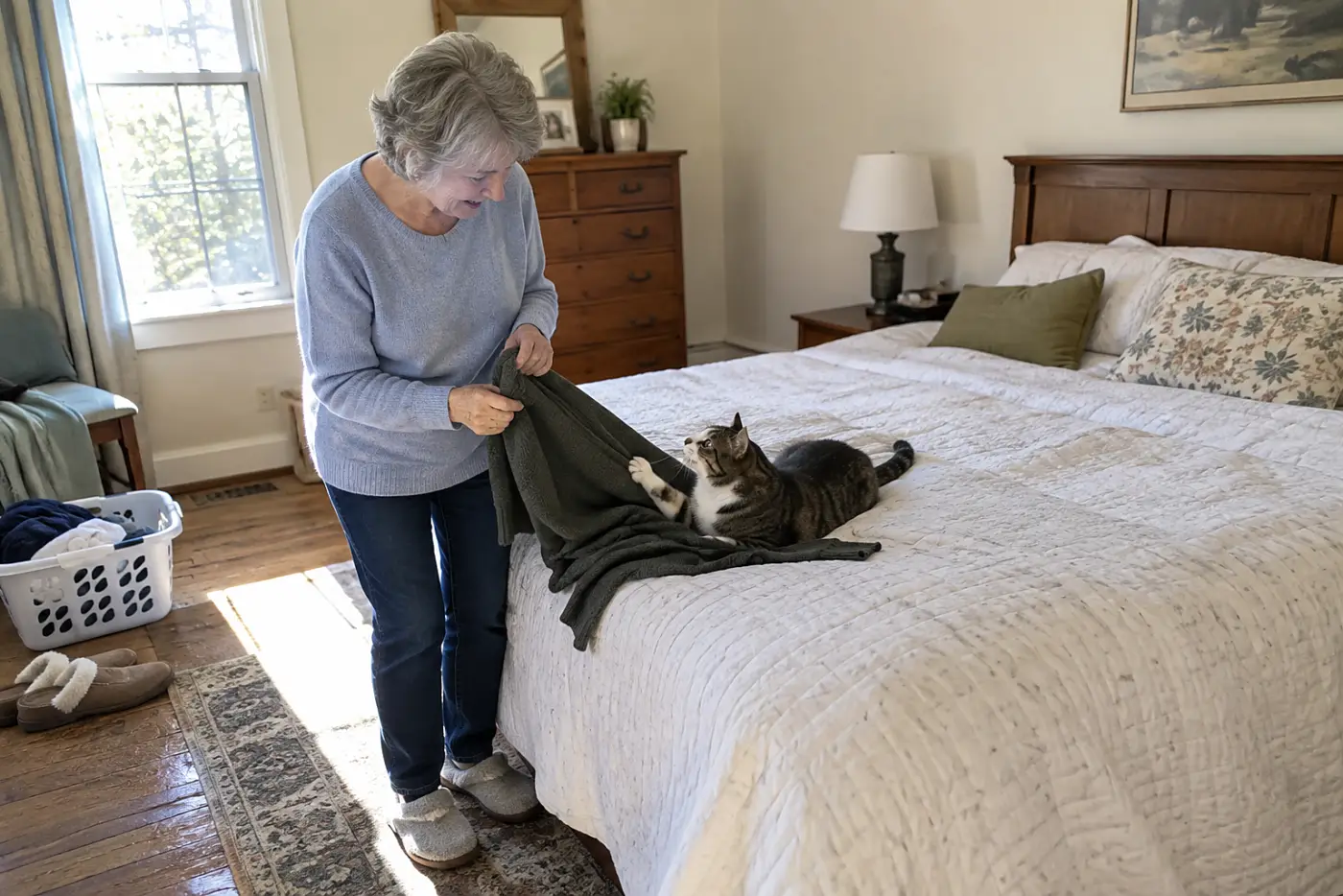 Older woman lifting a cat from a worn sweater on her bedroom bed.