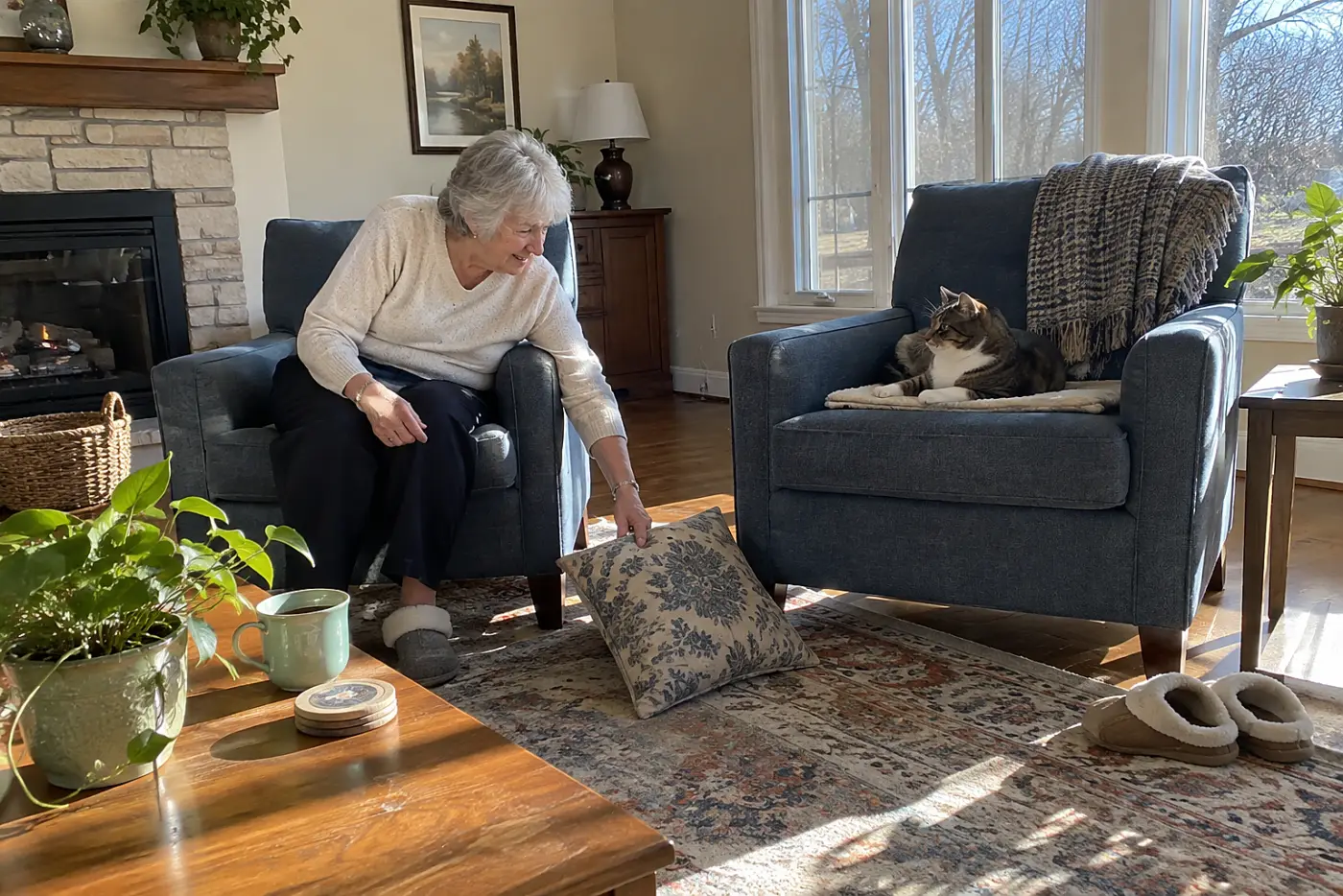 Older woman sitting in a living room beside a cat resting on the next chair.