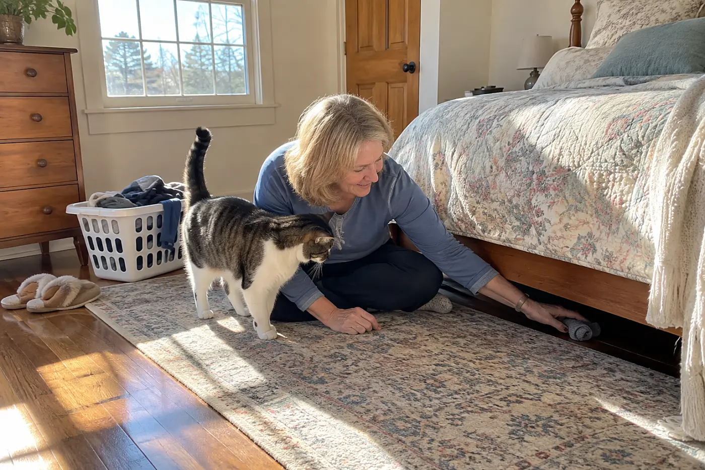 Woman sitting on the floor beside her cat in a sunny bedroom.