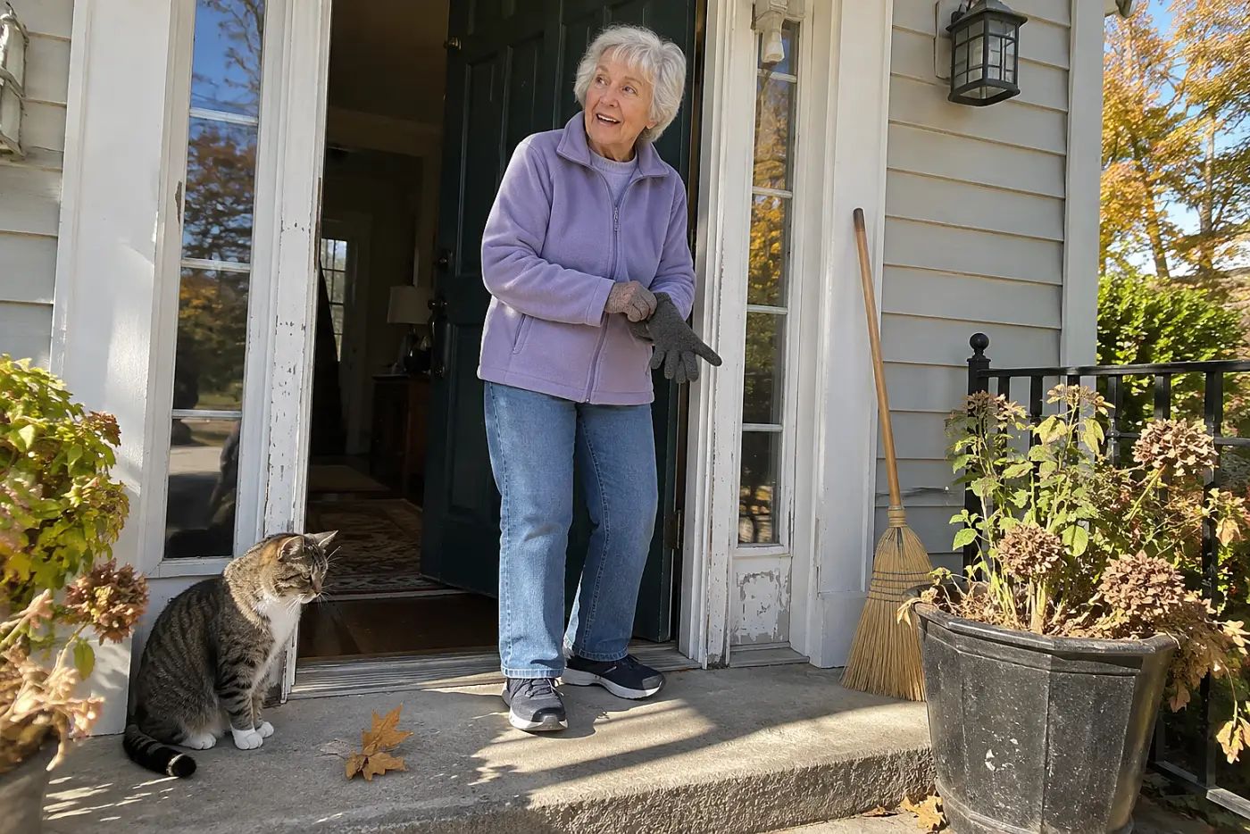 Older woman standing at her front doorstep while a cat sits beside her shoes.