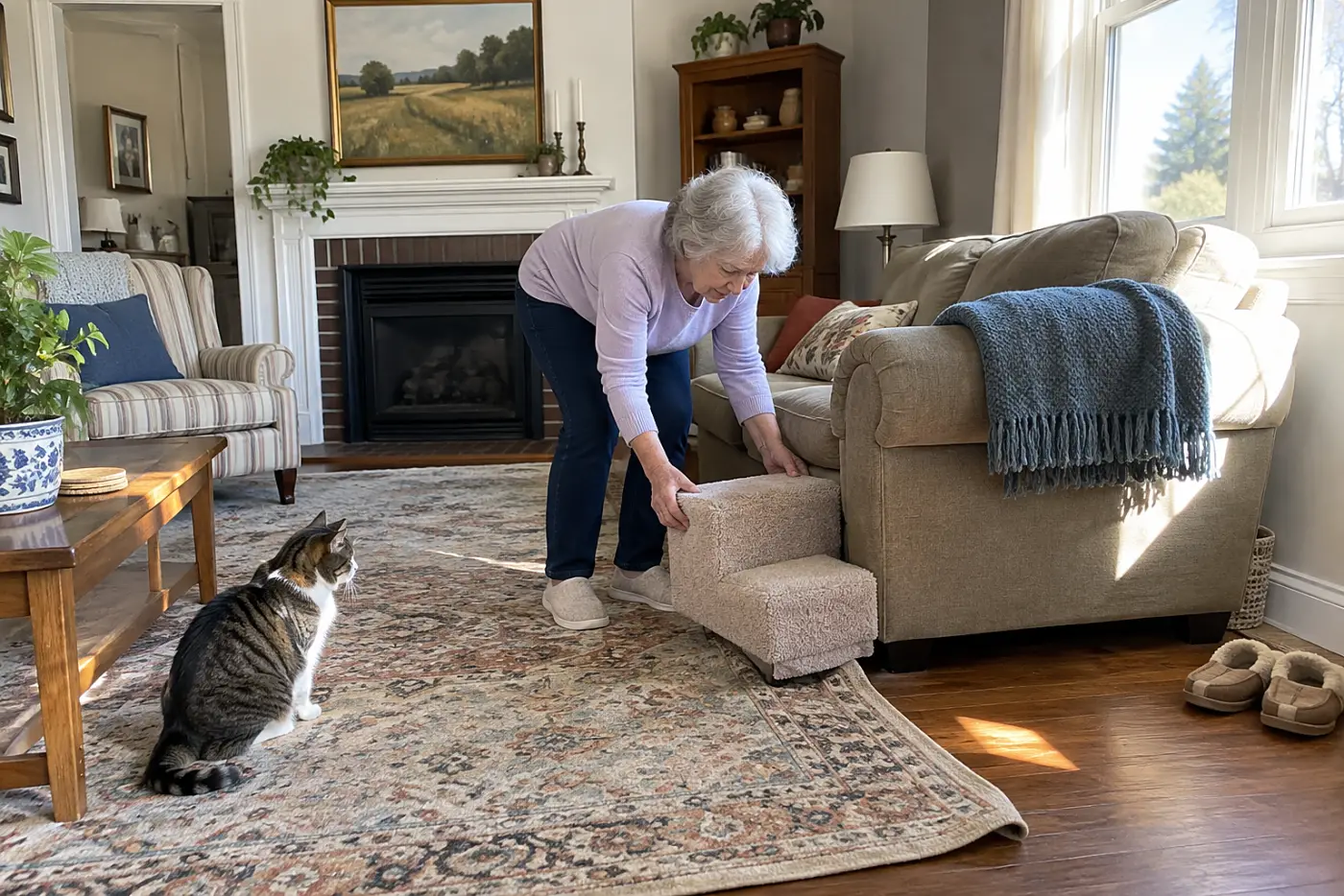 Older woman placing a low step beside the sofa while her cat watches from the rug.