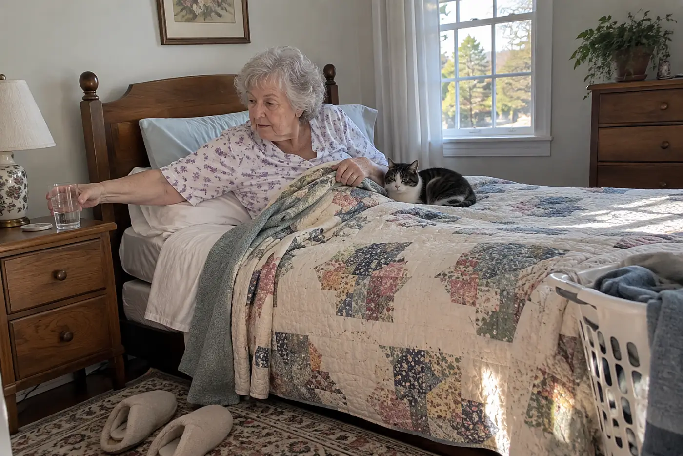 Older woman reaching for a water glass from bed while her cat rests near her hip.