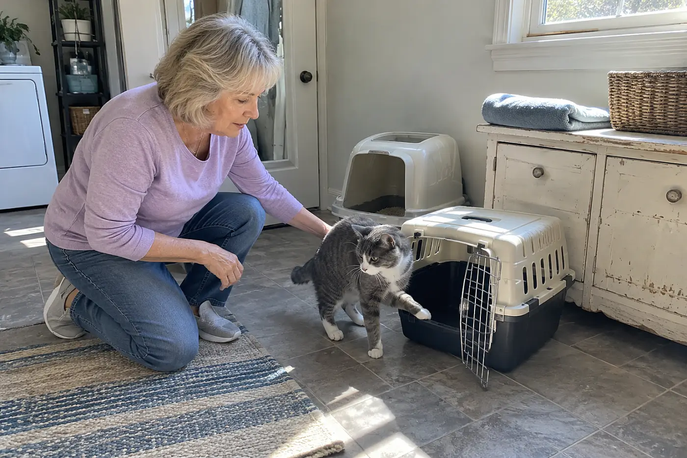 Older woman placing a male cat in a carrier beside a litter box in a utility room.