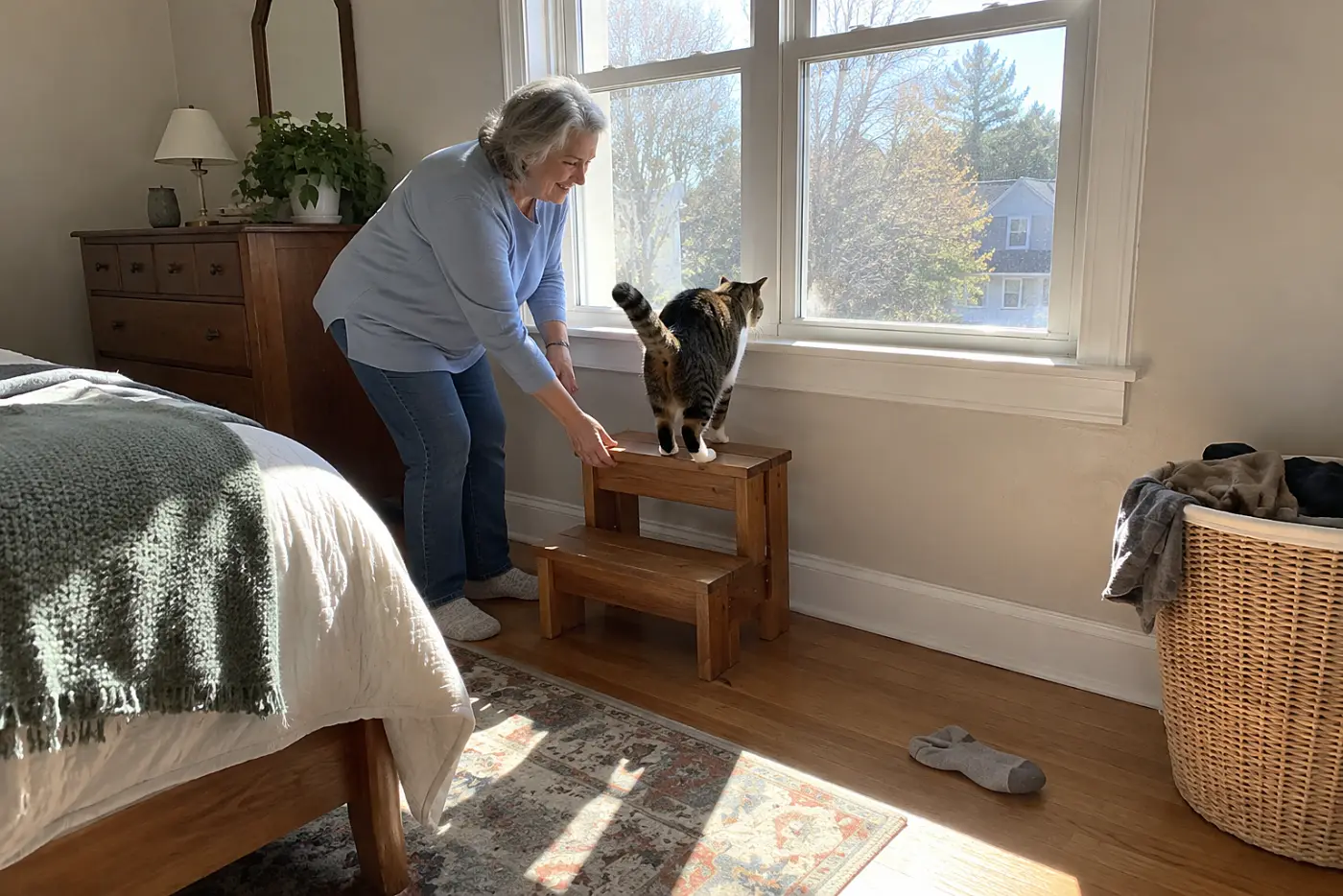 Older woman placing a sturdy step below a windowsill in her bedroom.