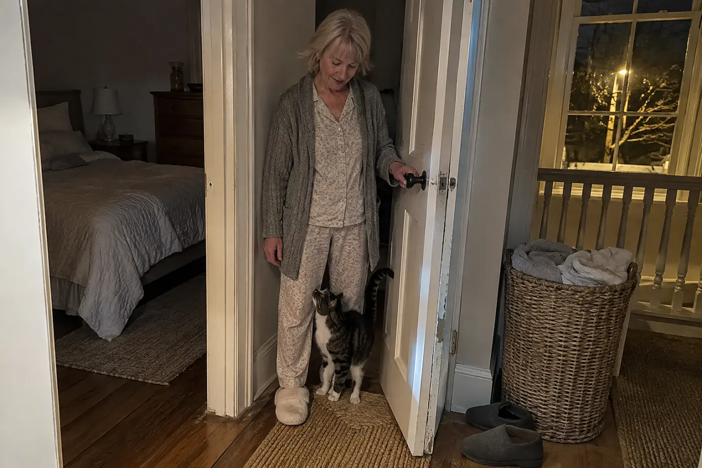 Older woman opening her bedroom door as her cat waits in the hall at night.