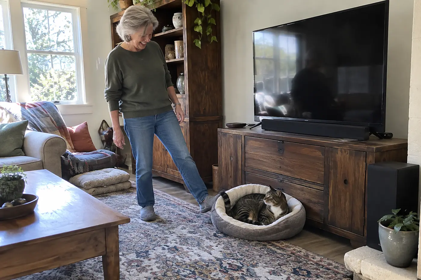 Older woman moving a cat bed away from a television speaker in a den.