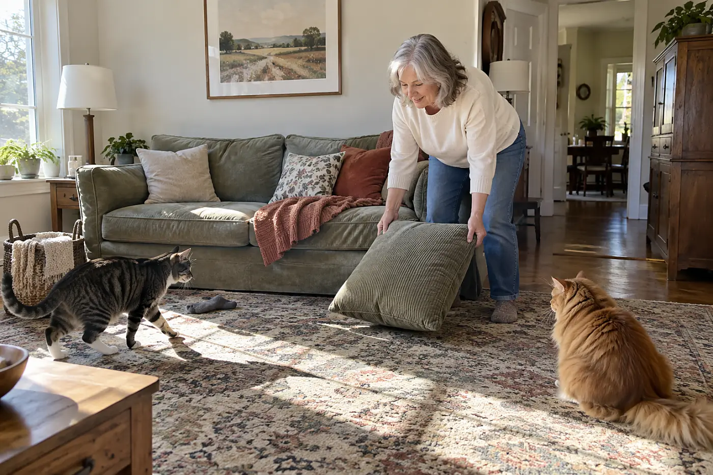 Older woman setting out a second cushion while two cats watch in a family room.