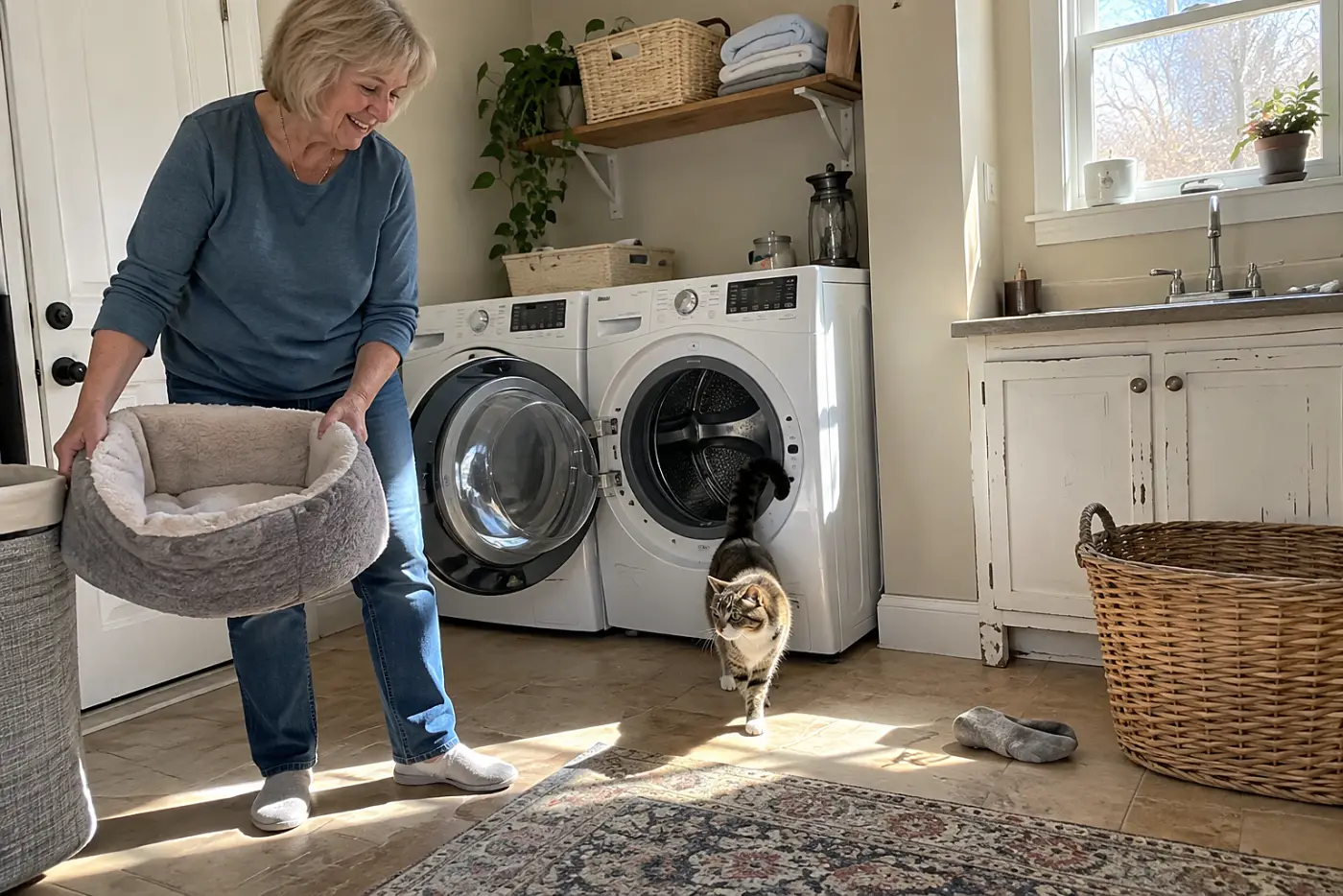 Older woman moving a cat bed away from a washing machine in a laundry room.