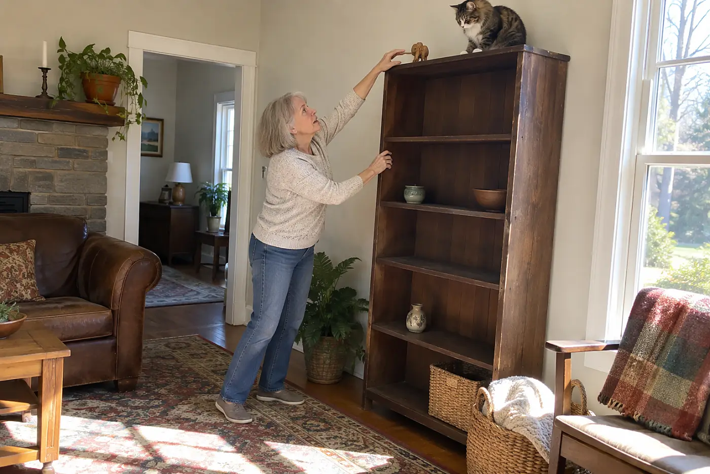Older woman steadying a shelf while her cat watches from a bookcase in a den.