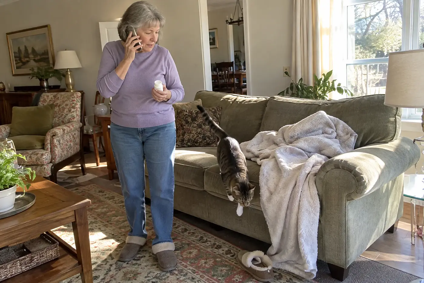 Older woman holding her cat’s medicine bottle while calling a veterinarian from her living room.