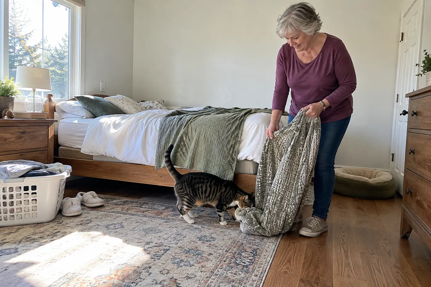 Older woman placing an unwashed throw beside her cat’s bed in a bedroom.