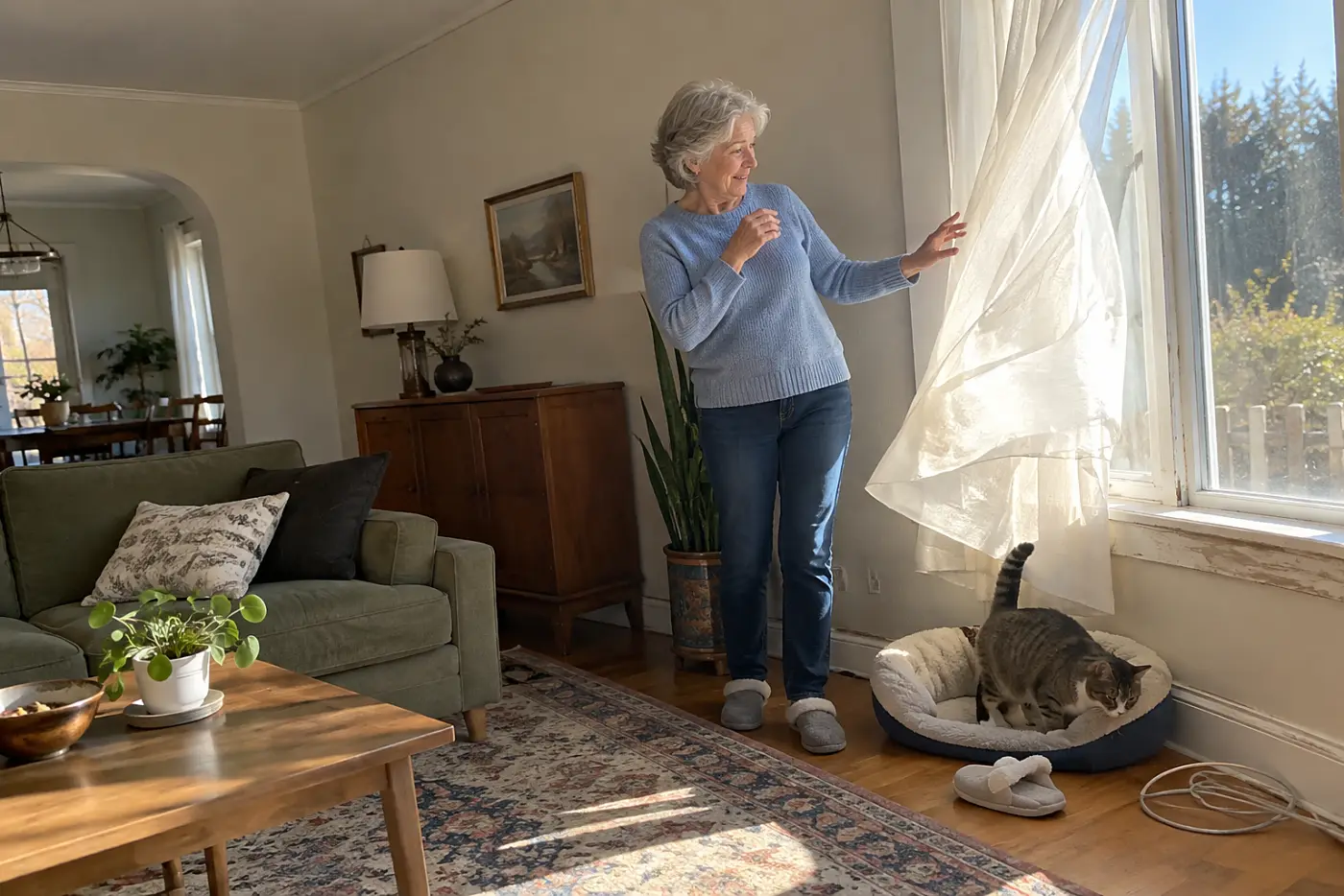 Older woman feeling for a draft beside her cat’s cushion near a living room window.