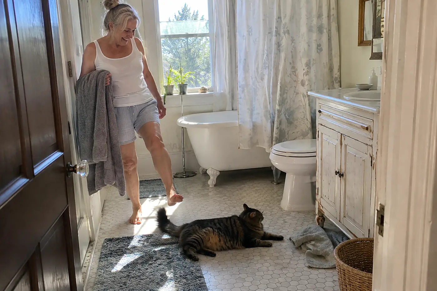Older woman standing in a bathroom doorway as her cat lies on the tile.