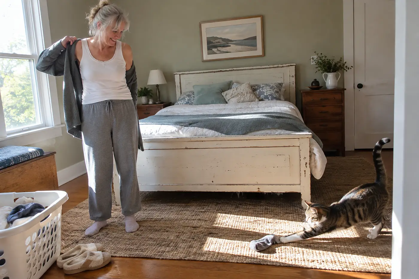Older woman watching her cat stretch in a patch of sun on a bedroom floor.
