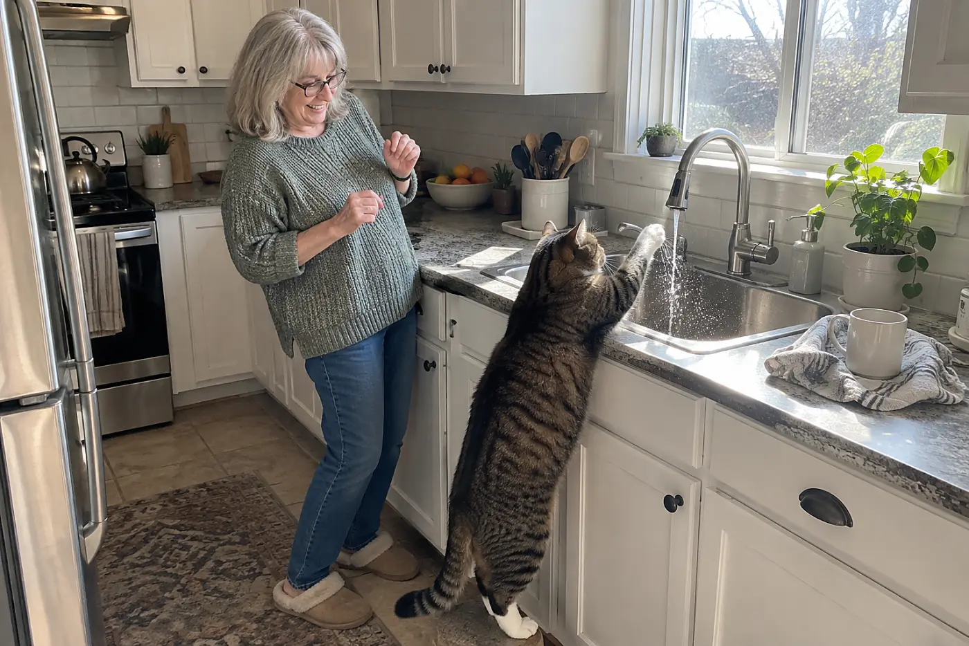 Older woman refilling a cat’s water bowl beside a kitchen sink.