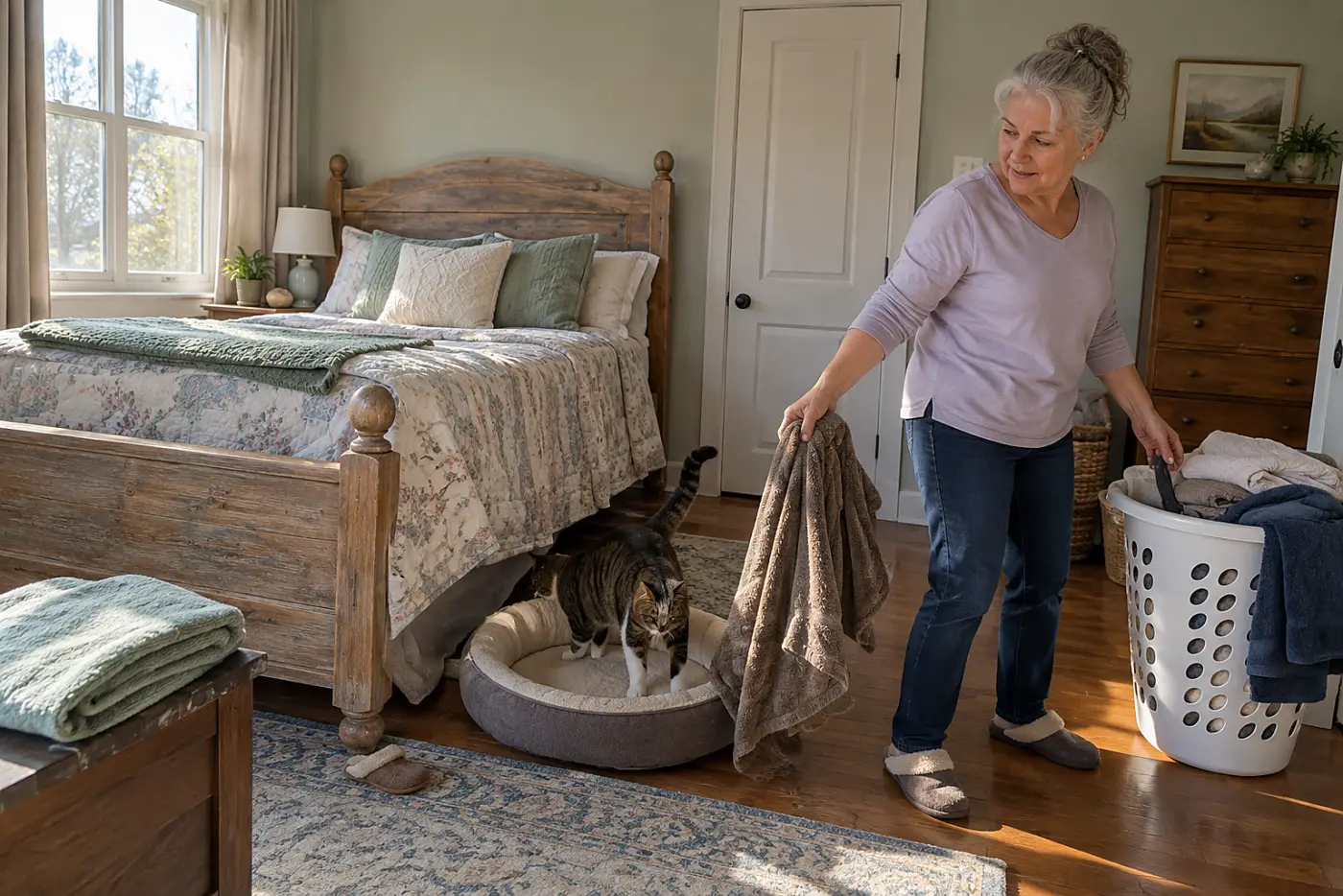 Older woman lifting a damp blanket from her cat’s bed in a bedroom.