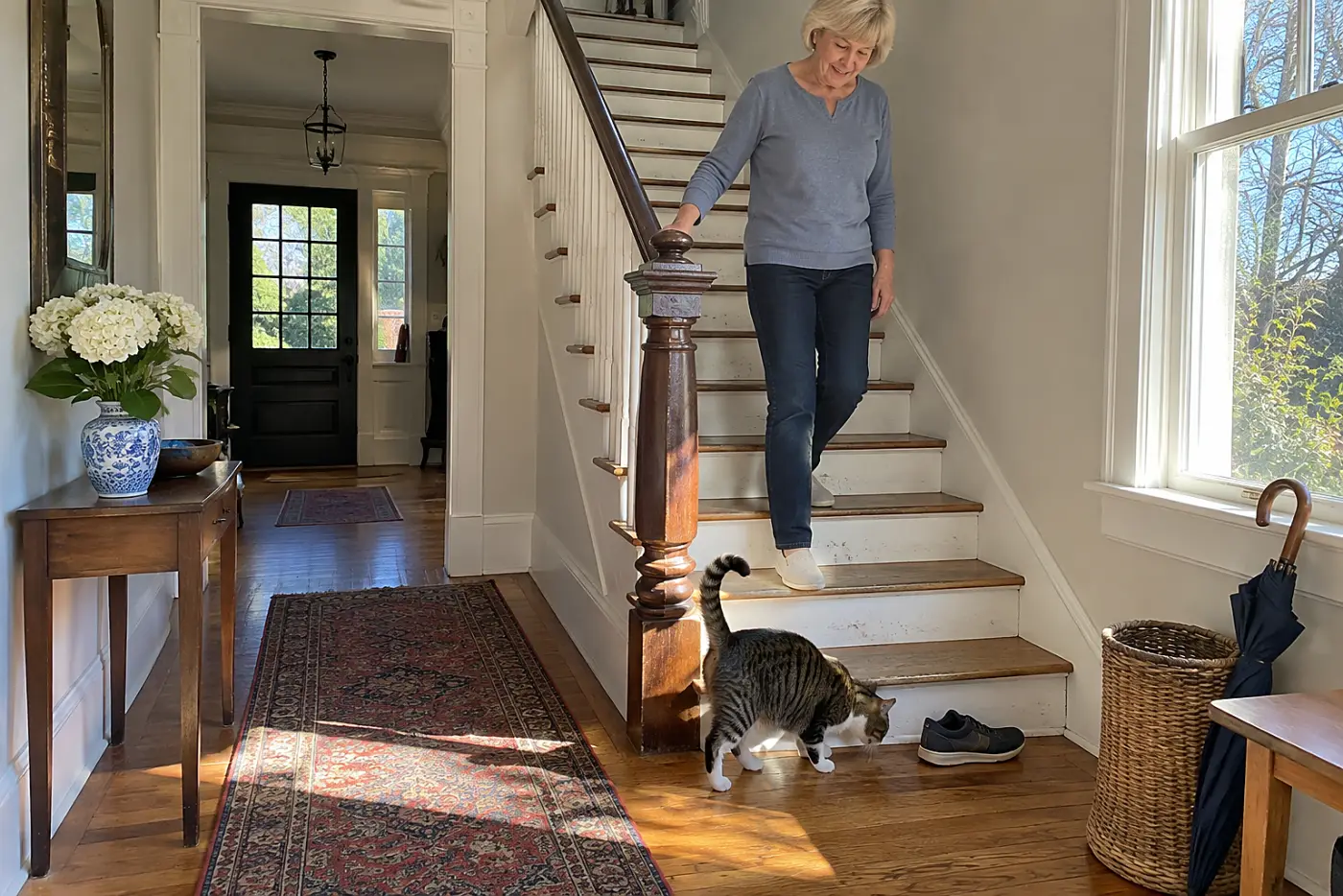 Older woman watching her cat approach the bottom step of a staircase.