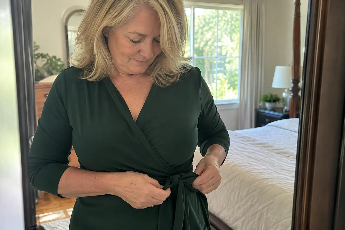 Older woman tying a jersey wrap dress in front of a bedroom mirror.