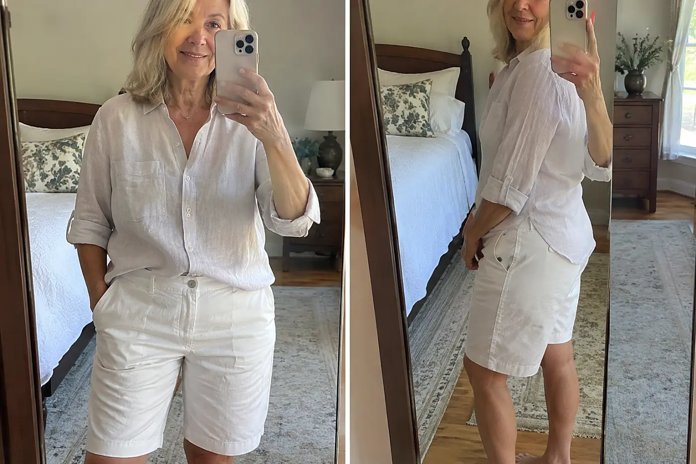 Older woman trying a linen shirt with Bermuda shorts in her bedroom mirror.