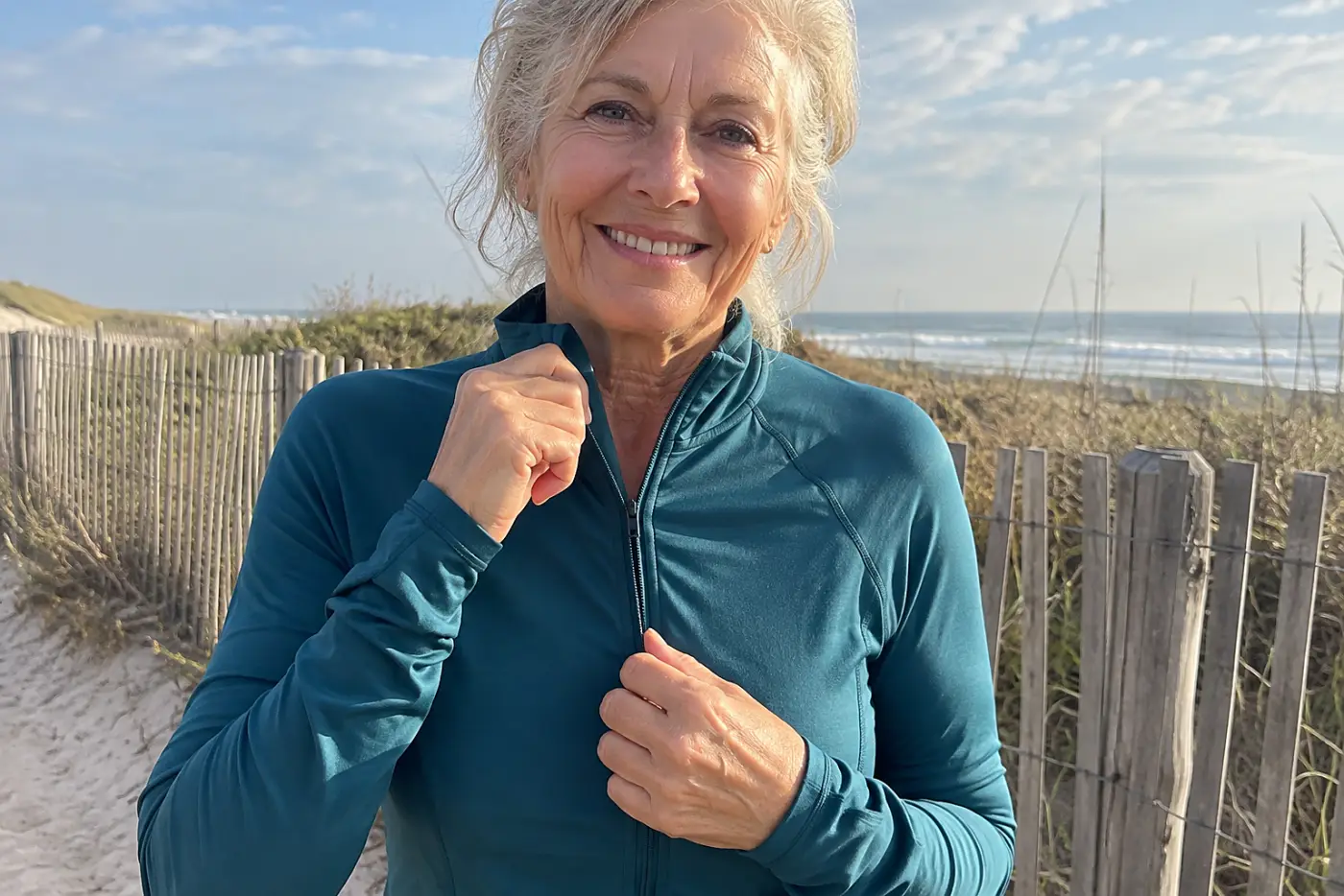 Older woman zipping a long-sleeve rash guard on a beach path.