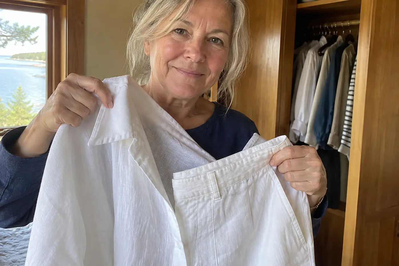 Older woman holding a white shirt against white pants beside a cabin wardrobe.